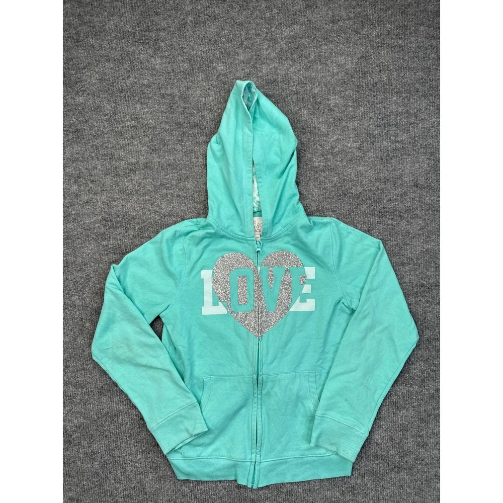 The Children's Place Girls XL 14 Teal Blue LOVE Glitter Zip Up Hoodie Sweatshirt
